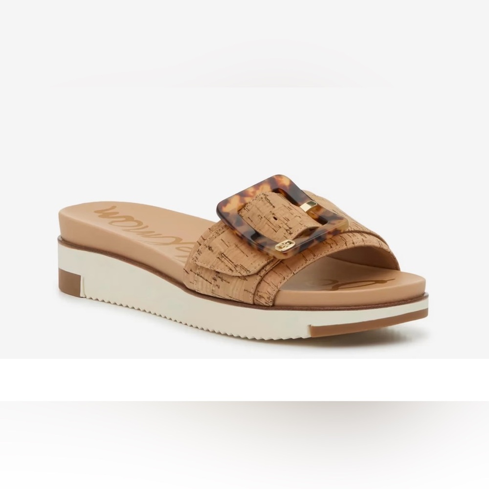 Sam Edelman Tan Cork Slide Sandals with Tortoiseshell Buckle Accent